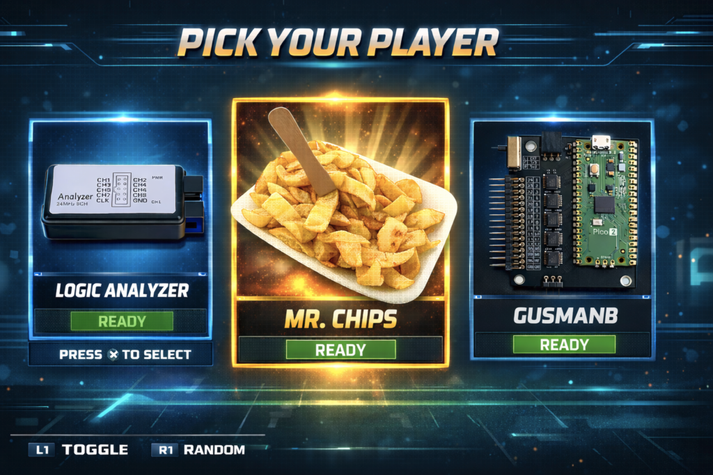 A pick your player screen with the logic analyzers described in the article and a tray of chips.